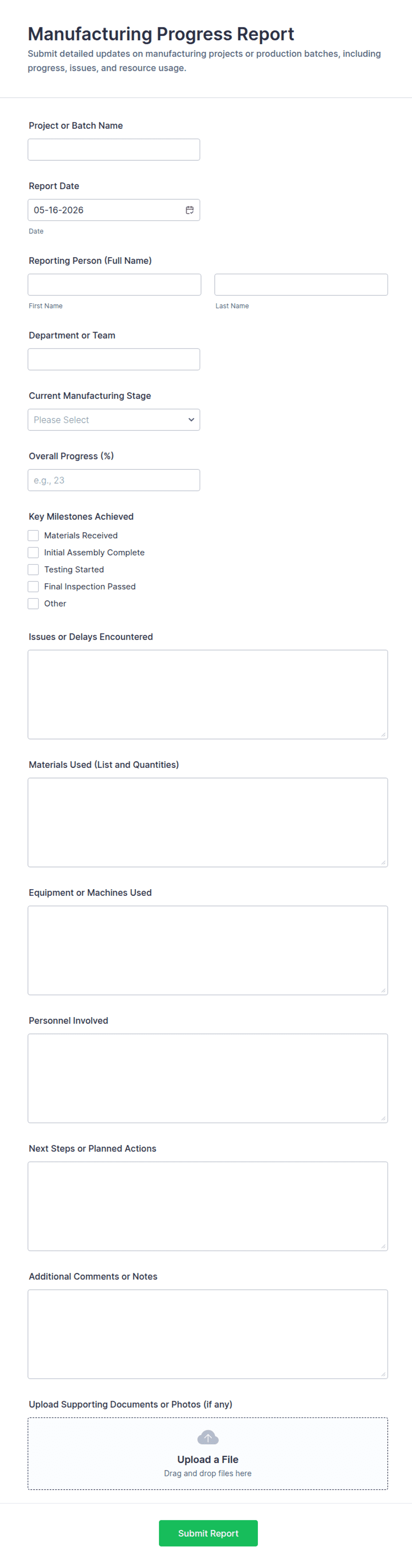 Process Ramp Report Template Manufacturing Progress Report Form Template | Jotform
