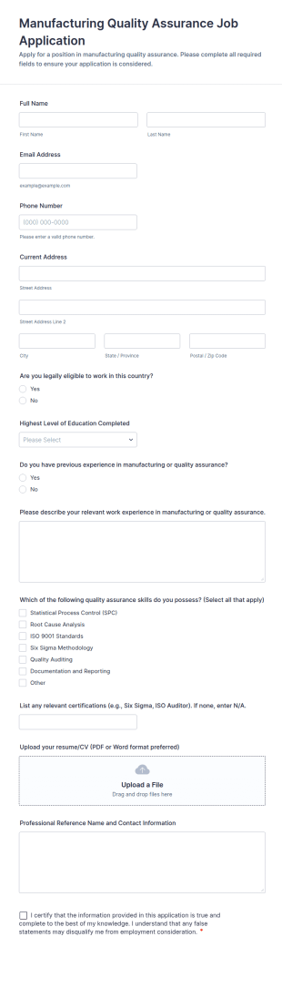 Manufacturing Quality Assurance Job Application Form Template
