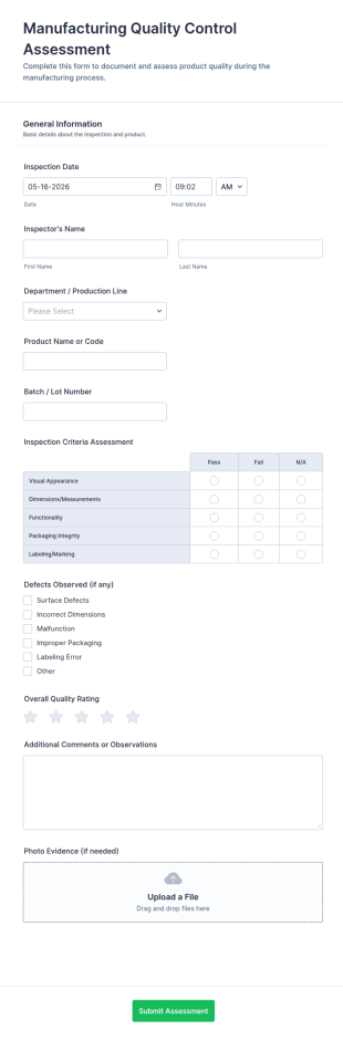 Manufacturing Quality Control Assessment Form Template