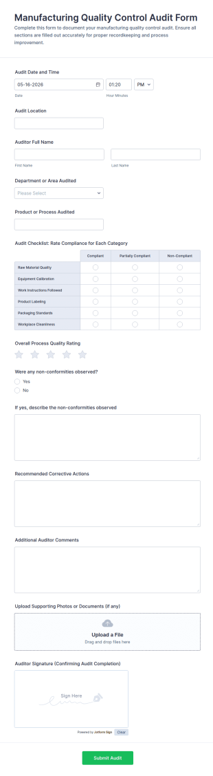 Manufacturing Quality Control Audit Form Template