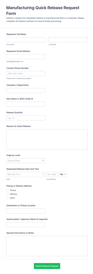 Manufacturing Quick Release Request Form Template