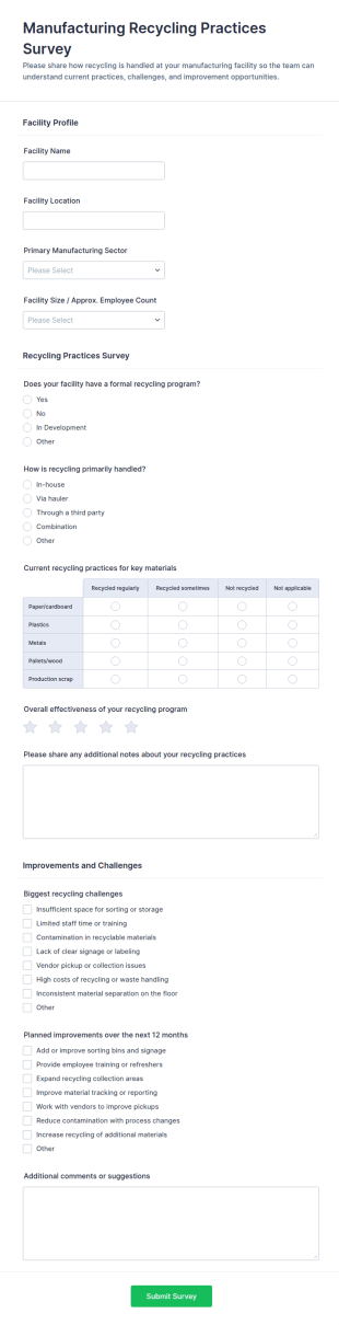 Manufacturing Recycling Practices Survey Form Template