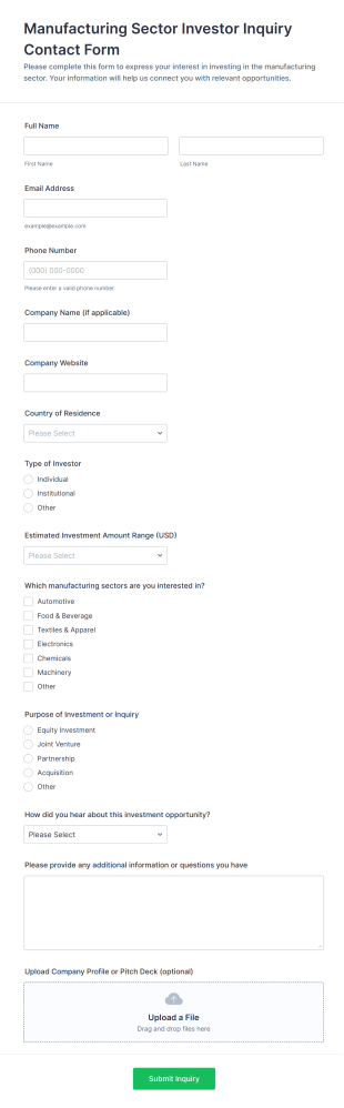 Manufacturing Sector Investor Inquiry Contact Form Template