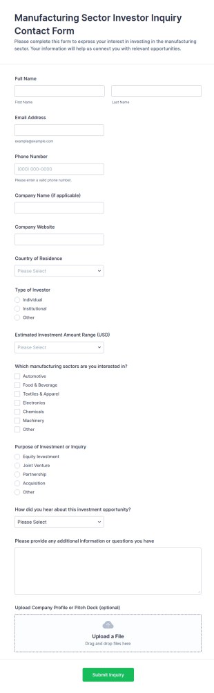 Manufacturing Sector Investor Inquiry Contact Form Template