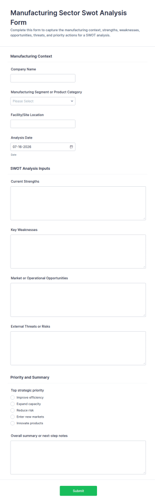 Manufacturing Sector SWOT Analysis Form Template