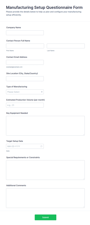 Manufacturing Setup Questionnaire Form Template