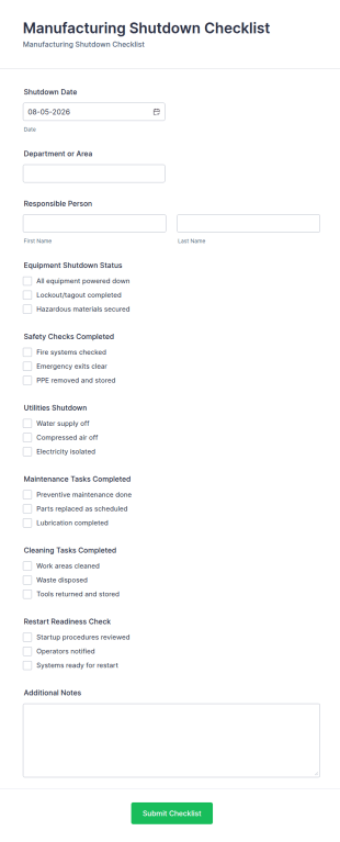 Manufacturing Shutdown Checklist Form Template