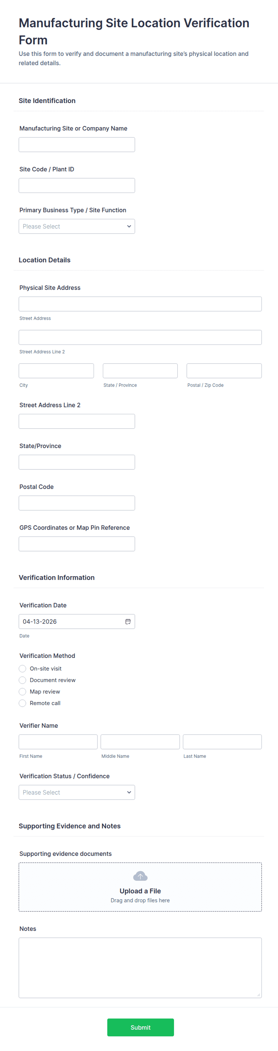 Manufacturing Site Location Verification Form Template | Jotform