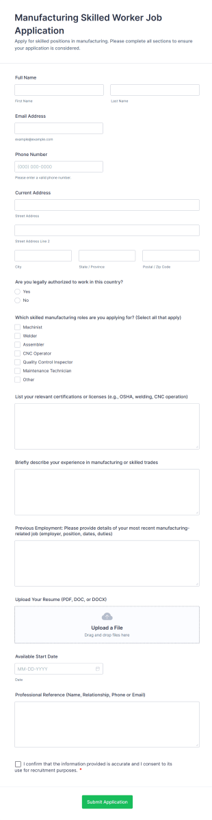 Manufacturing Skilled Worker Job Application Form Template