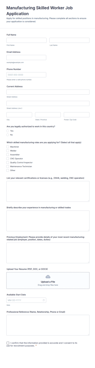 Manufacturing Skilled Worker Job Application Form Template
