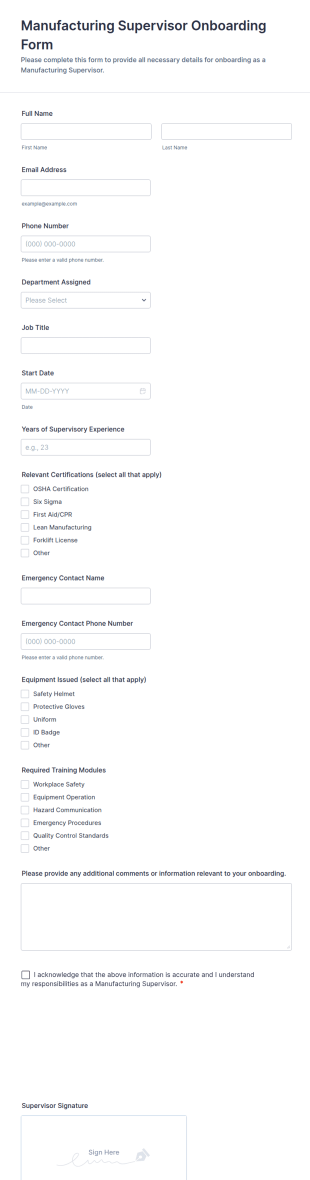 Manufacturing Supervisor Onboarding Form Template