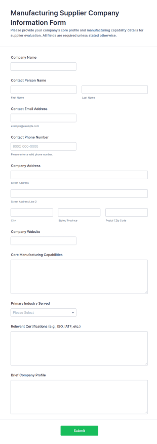 Manufacturing Supplier Company Information Form Template