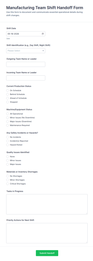 Manufacturing Team Shift Handoff Form Template