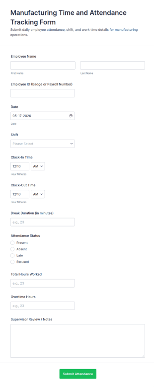 Manufacturing Time And Attendance Tracking Form Template