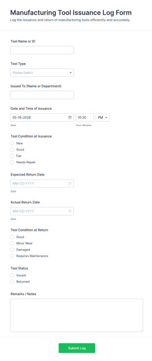 Manufacturing Tool Issuance Log Form Template