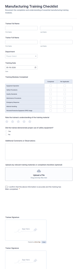 Manufacturing Training Checklist Form Template