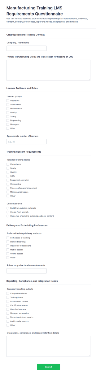 Manufacturing Training LMS Requirements Questionnaire Form Template
