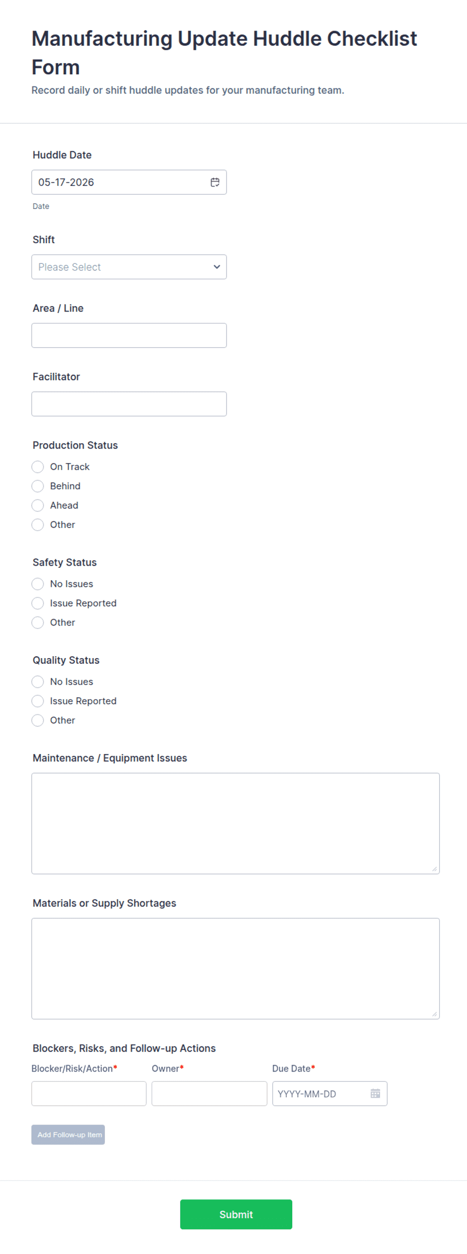 Huddle Checklist Rounding Manufacturing Update Huddle Checklist Form Template | Jotform