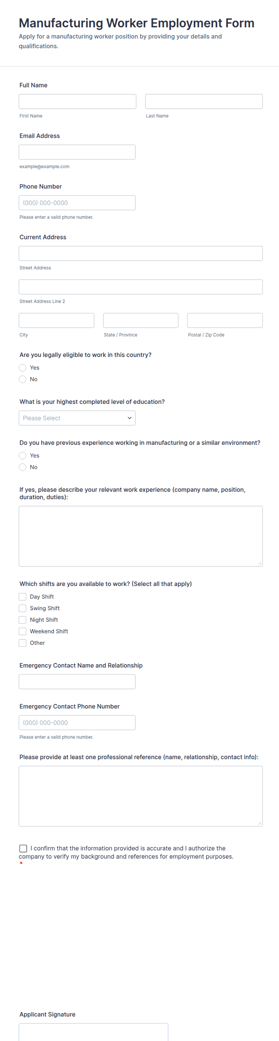 Manufacturing Worker Employment Form Template | Jotform