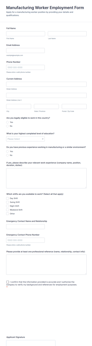 Manufacturing Worker Employment Form Template