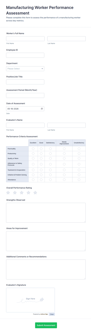 Manufacturing Worker Performance Assessment Form Template