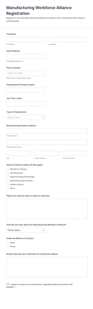 Manufacturing Workforce Alliance Registration Form Template