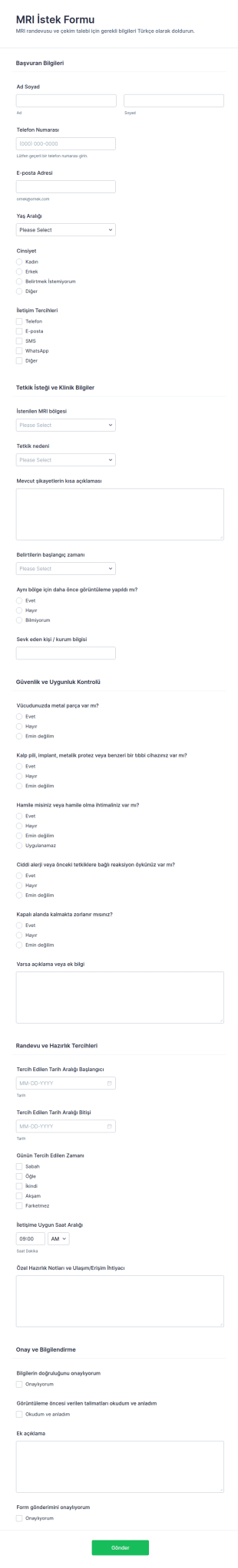 Manyetik Rezonans Görüntüleme Talep Formu 🏥 Form Şablonu