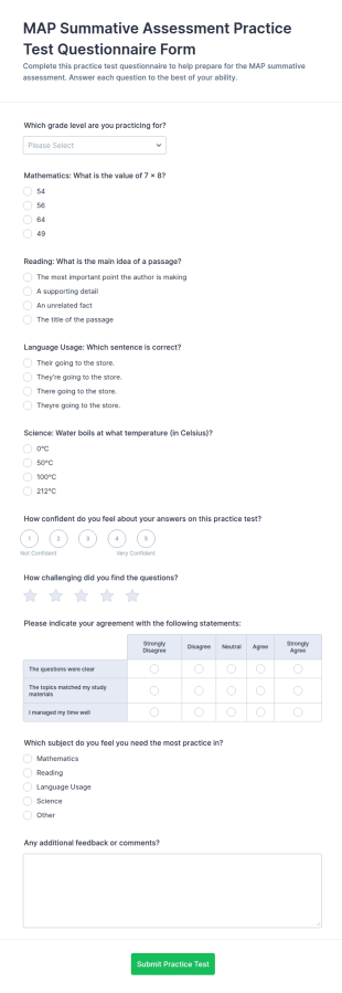 MAP Summative Assessment Practice Test Questionnaire Form Template
