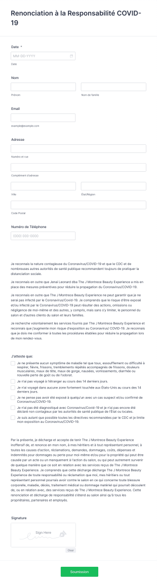 Maquillage, Cils Et Sourcils Renonciation à La Responsabilité COVID 19 Form Template