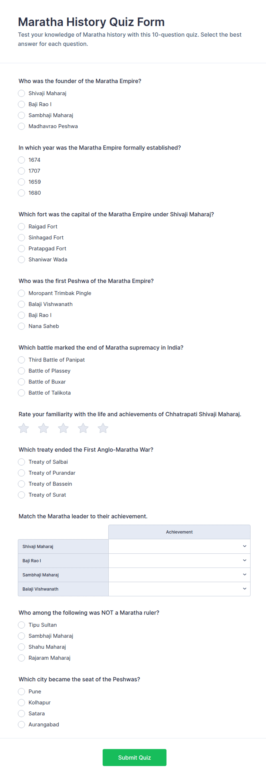 Maratha History Quiz Form Template | Jotform