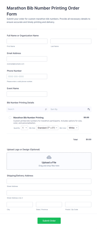 Marathon Bib Number Printing Order Form Template