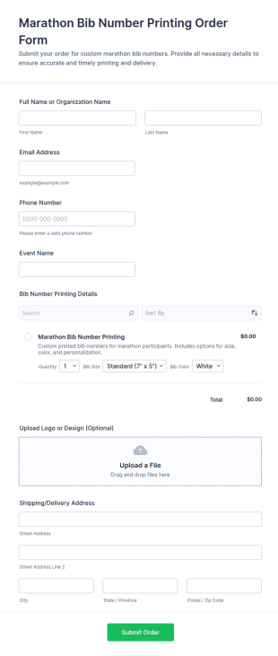 Marathon Bib Number Printing Order Form Template