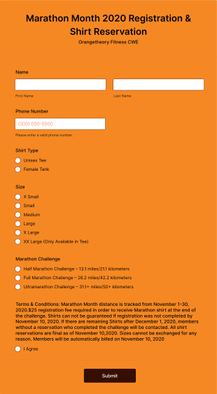 Marathon Registration And Shirt Reservation Form Template