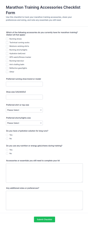 Marathon Training Accessories Checklist Form Template