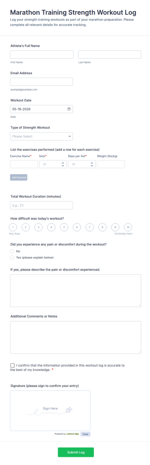 Marathon Training Strength Workout Log Form Template