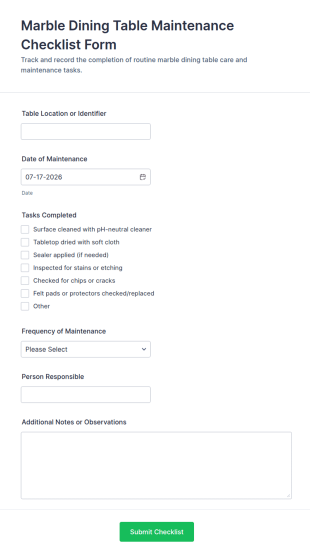 Marble Dining Table Maintenance Checklist Form Template