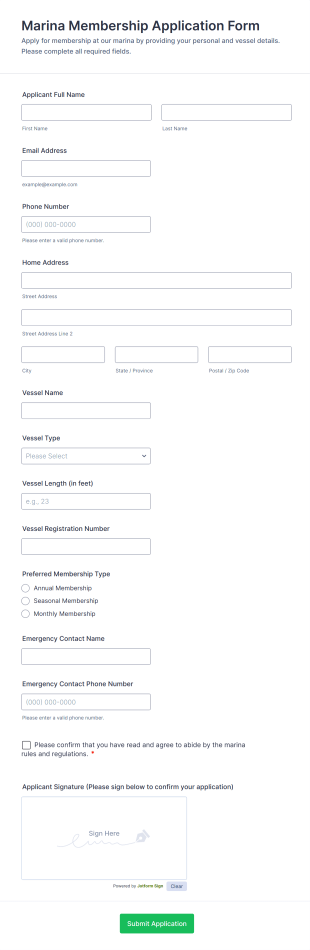 Marina Membership Application Form Template