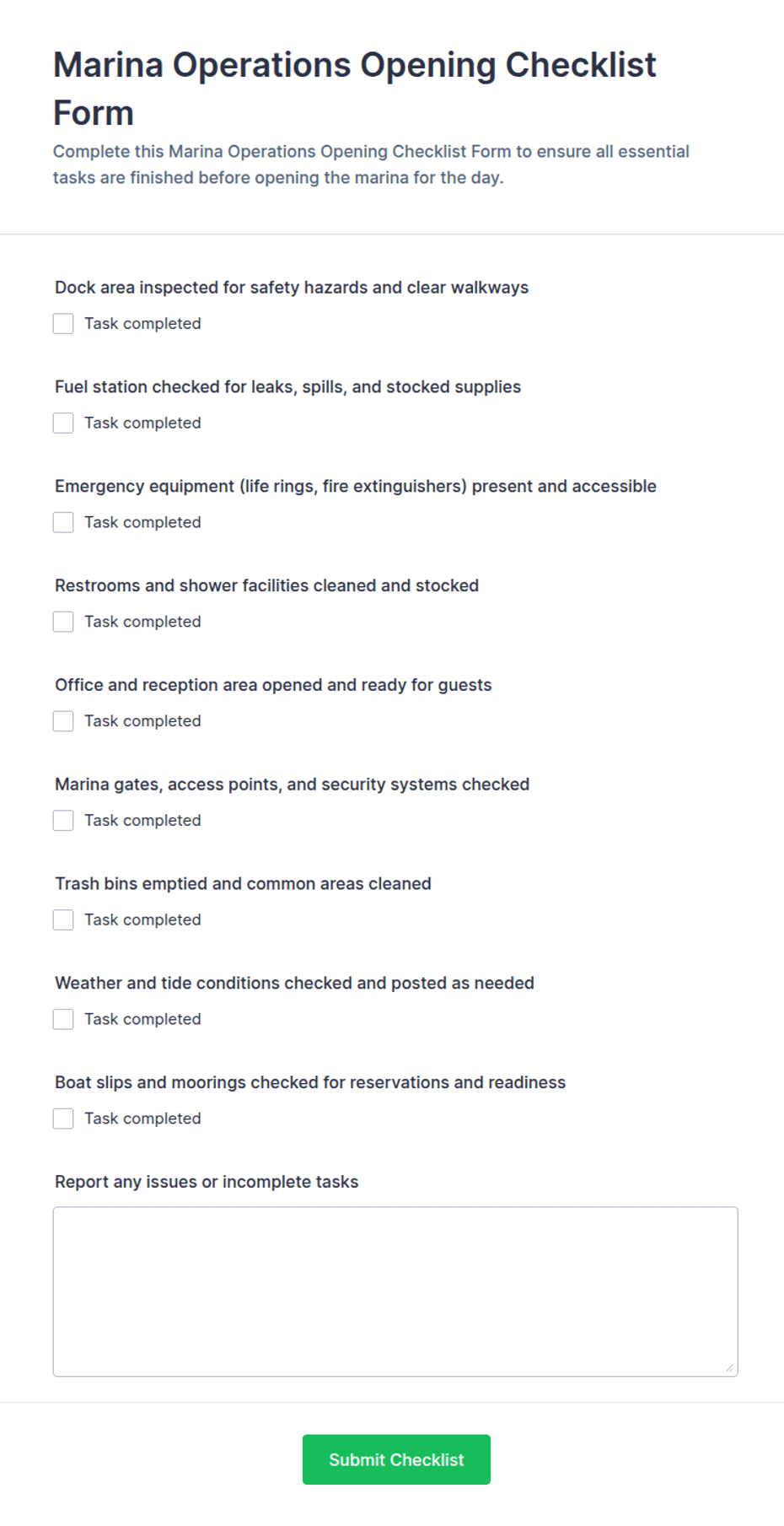 Marina Operations Opening Checklist Form Template | Jotform