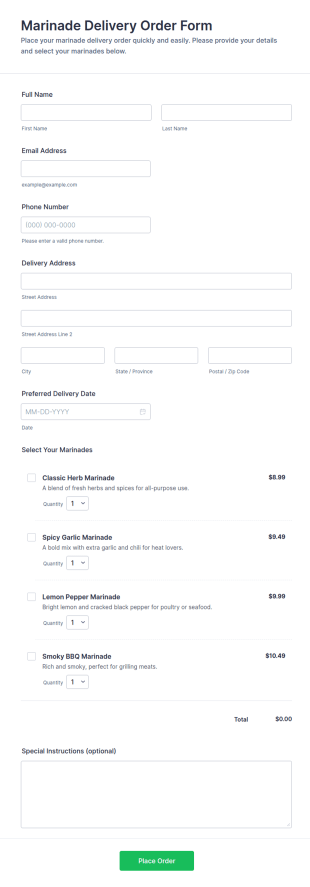 Marinade Delivery Order Form Template