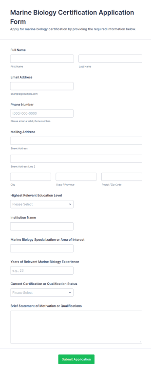 Marine Biology Certification Application Form Template