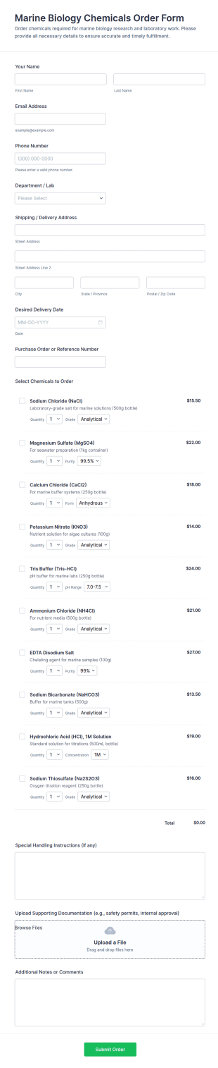 Marine Biology Chemicals Order Form Template