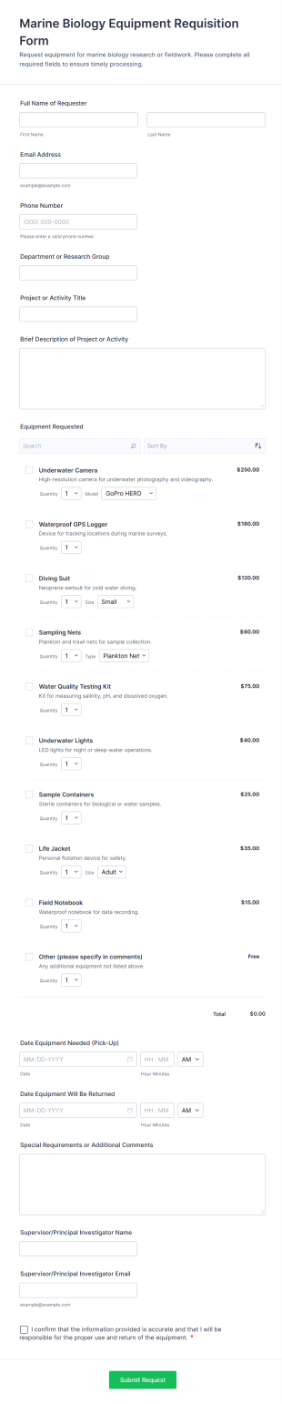 Marine Biology Equipment Requisition Form Template