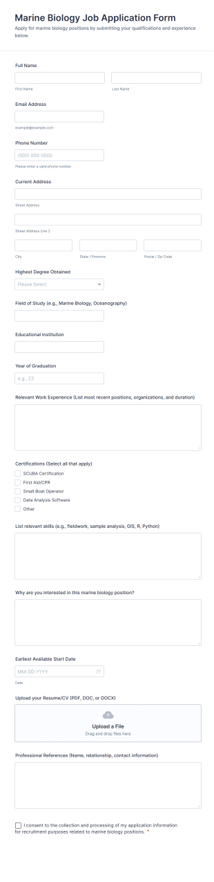 Marine Biology Job Application Form Form Template