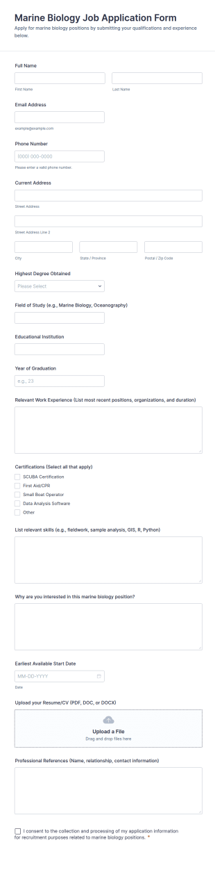Marine Biology Job Application Form Template