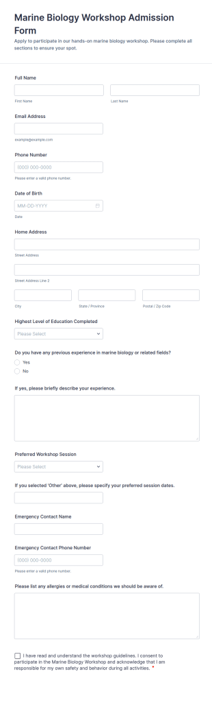 Marine Biology Workshop Admission Form Template