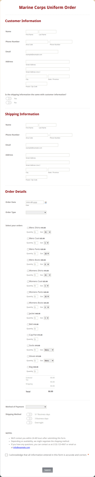 Marine Corps Uniform Order Form Template