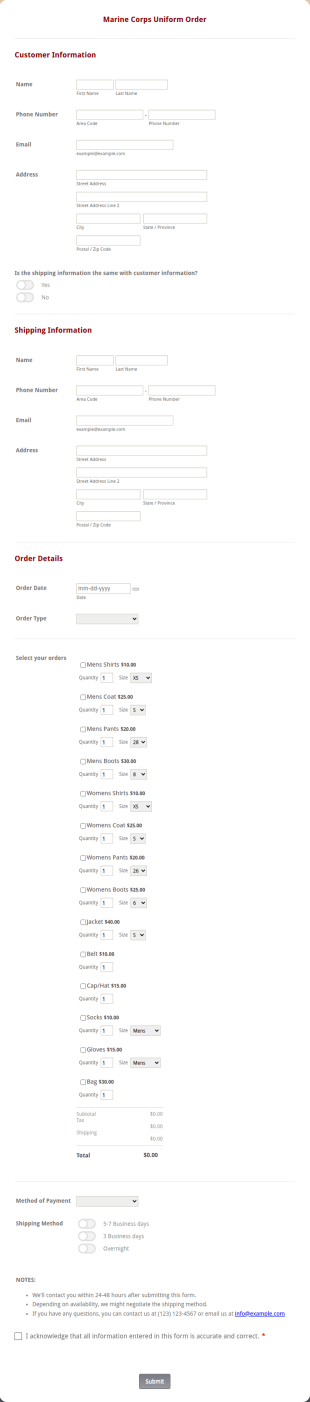 Marine Corps Uniform Order Form Template