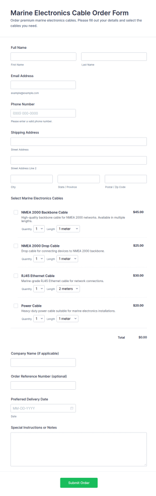 Marine Electronics Cable Order Form Template