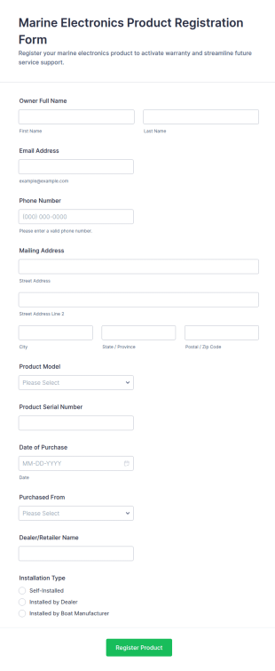Marine Electronics Product Registration Form Template