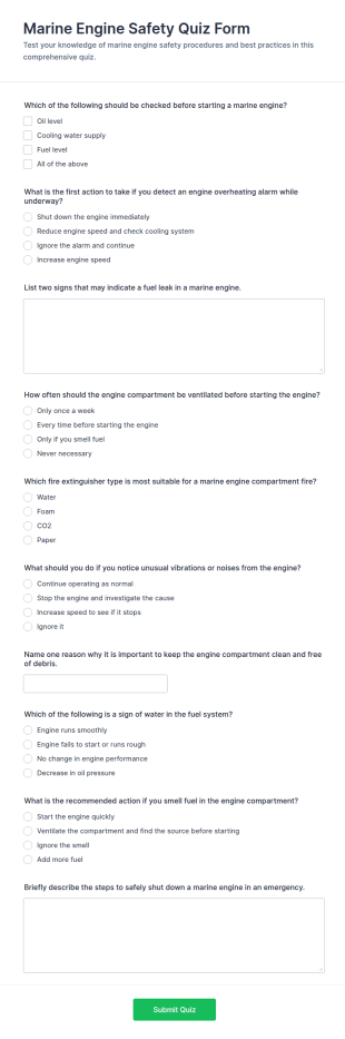 Marine Engine Safety Quiz Form Template